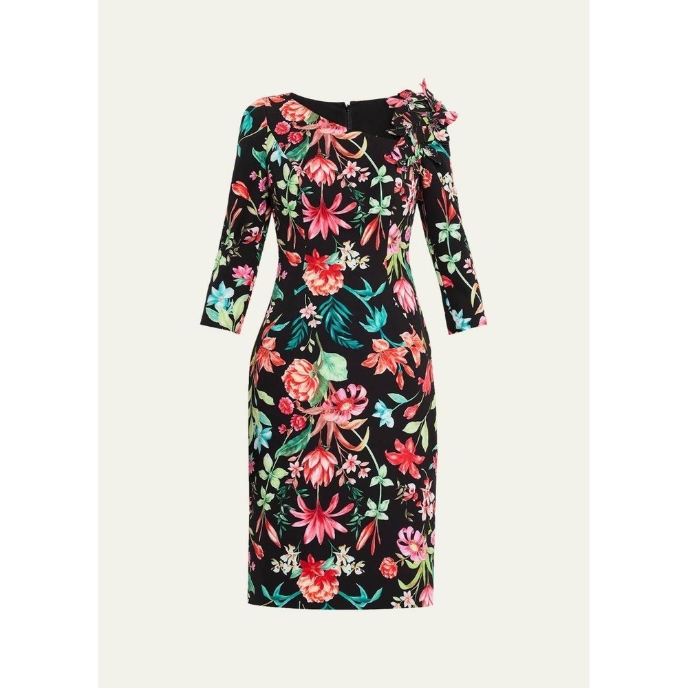 Teri Jon Sheath Dress Womens 10 Black Multi Floral 3D Applique NWT 256216